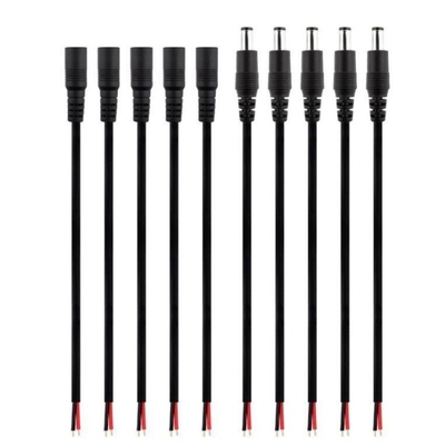 Black DC Barrel Power Plug Pigtail Cable with 2.1mm X 5.5mm Male Female Jack Connector