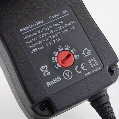 Universal Adjustable Charger Adapter 3-12V 30W 2.1A with USB Port Output Type DC Black